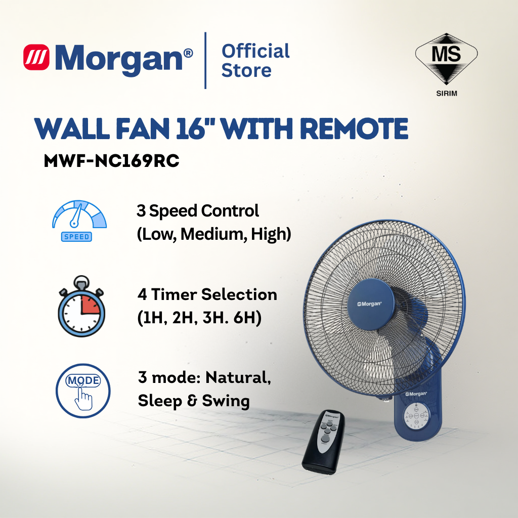 Morgan Wall Mounted Fan with Remote Control (16") MWF-NC169RC