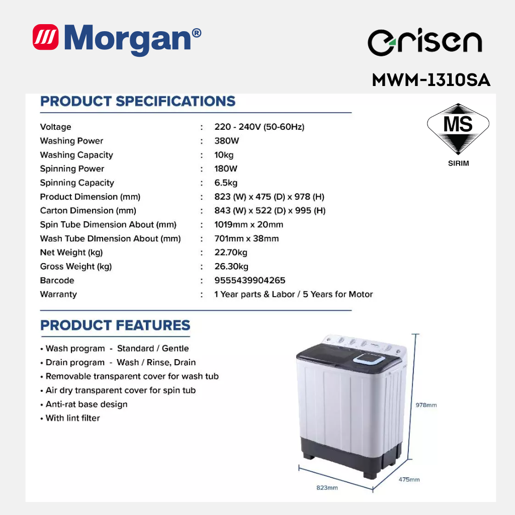 Morgan Semi Auto Washing Machine (10kg) MWM-1310SA