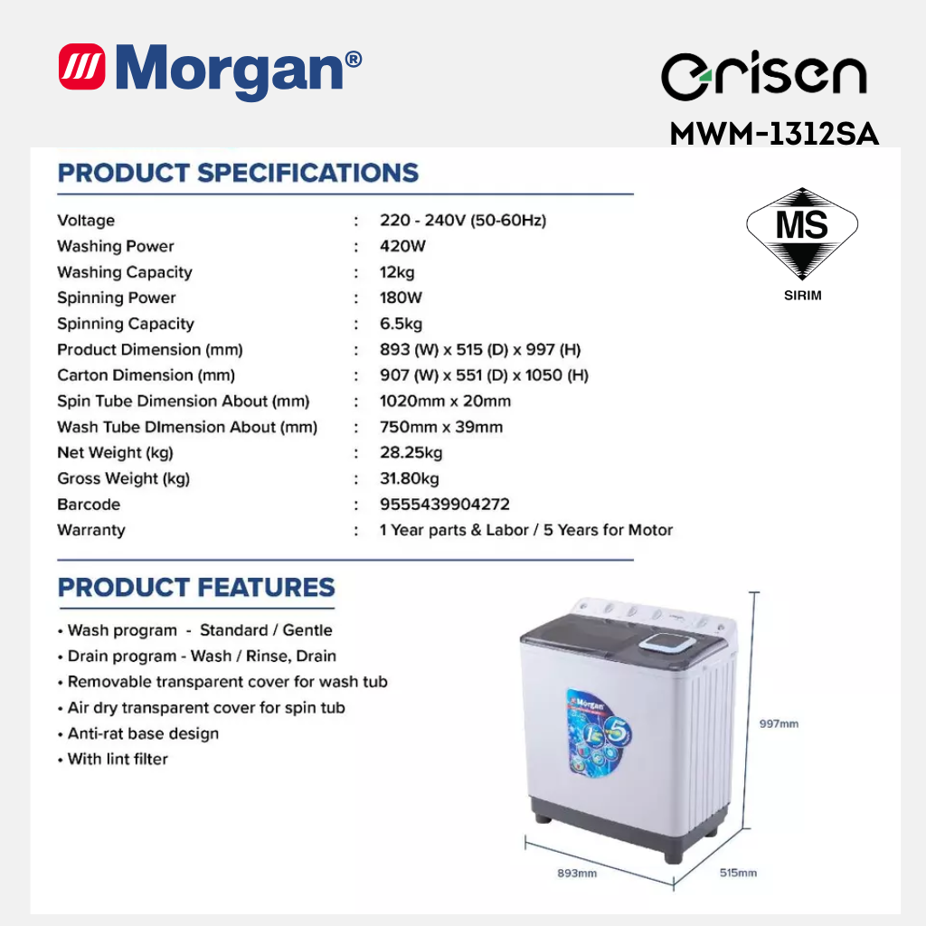 Morgan Semi Auto Washing Machine (12kg) MWM-1312SA