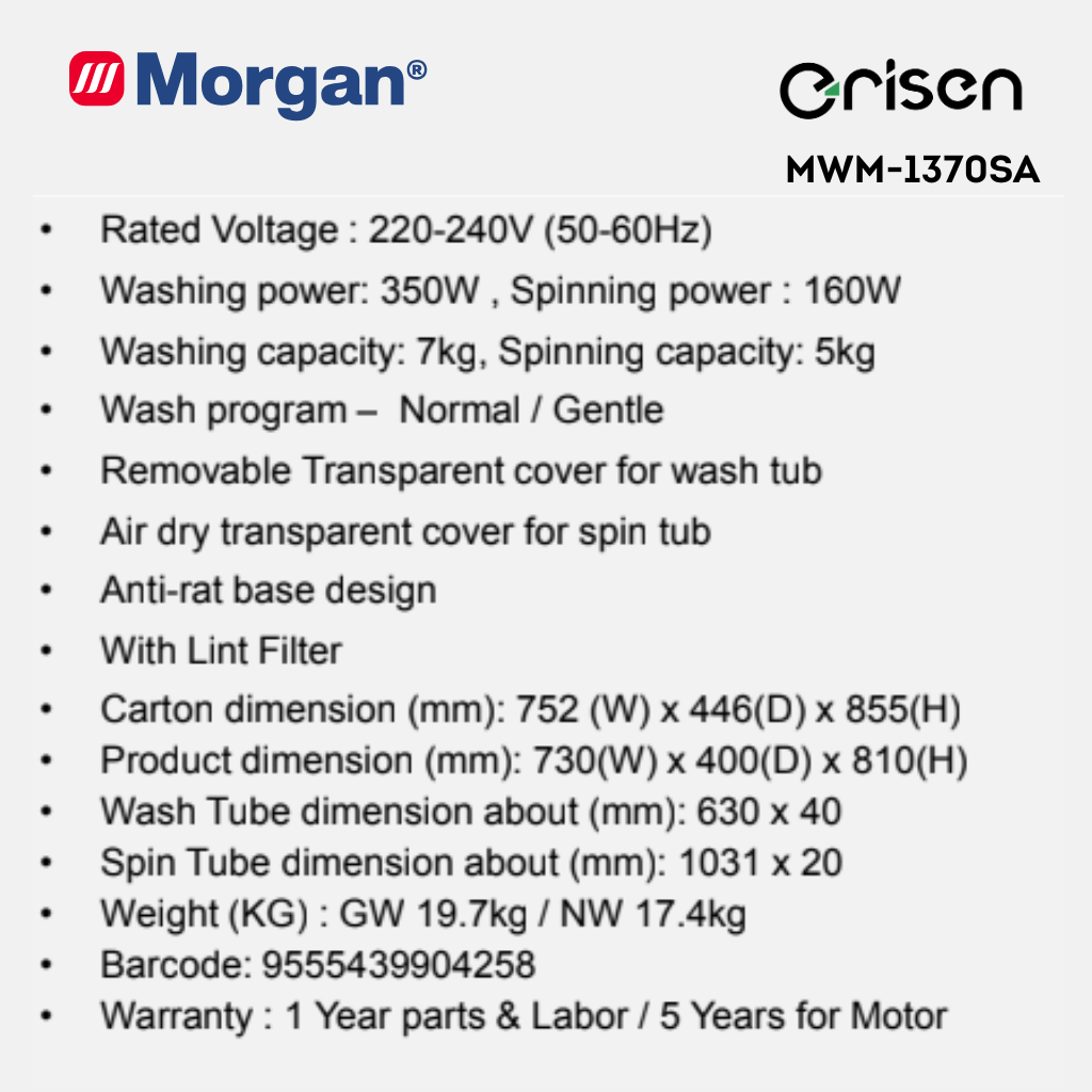 Morgan Semi Auto Washing Machine (7kg) MWM-1370SA