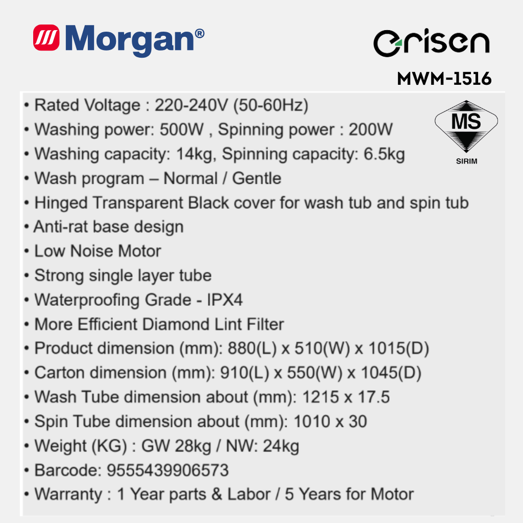 Morgan Semi Auto Washing Machine (14kg) MWM-1516