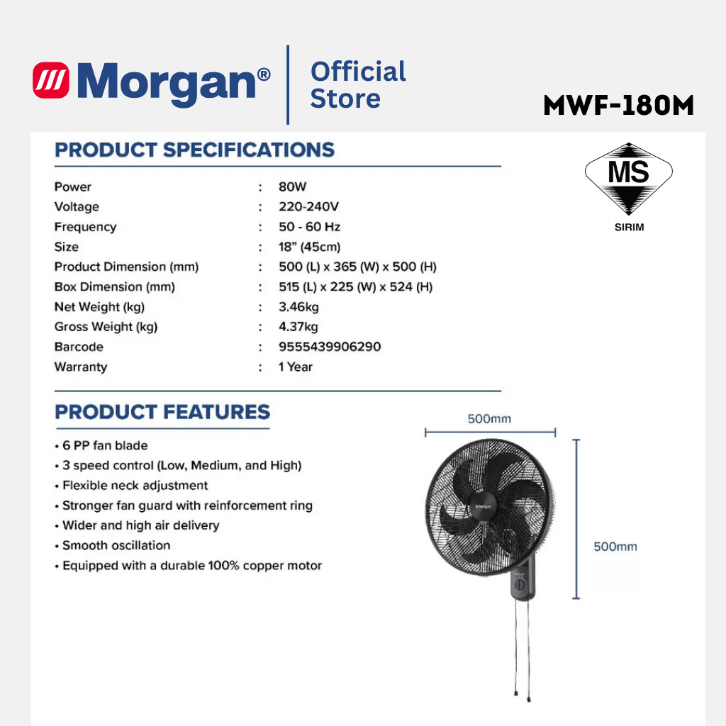 Morgan 6 PP Fan Blade Manual Wall Fan (18") MWF-180M
