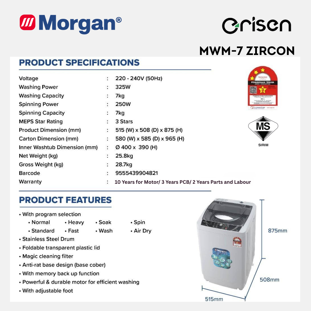 Morgan Fully Auto Washing Machine (7kg) MWM-7 ZIRCON