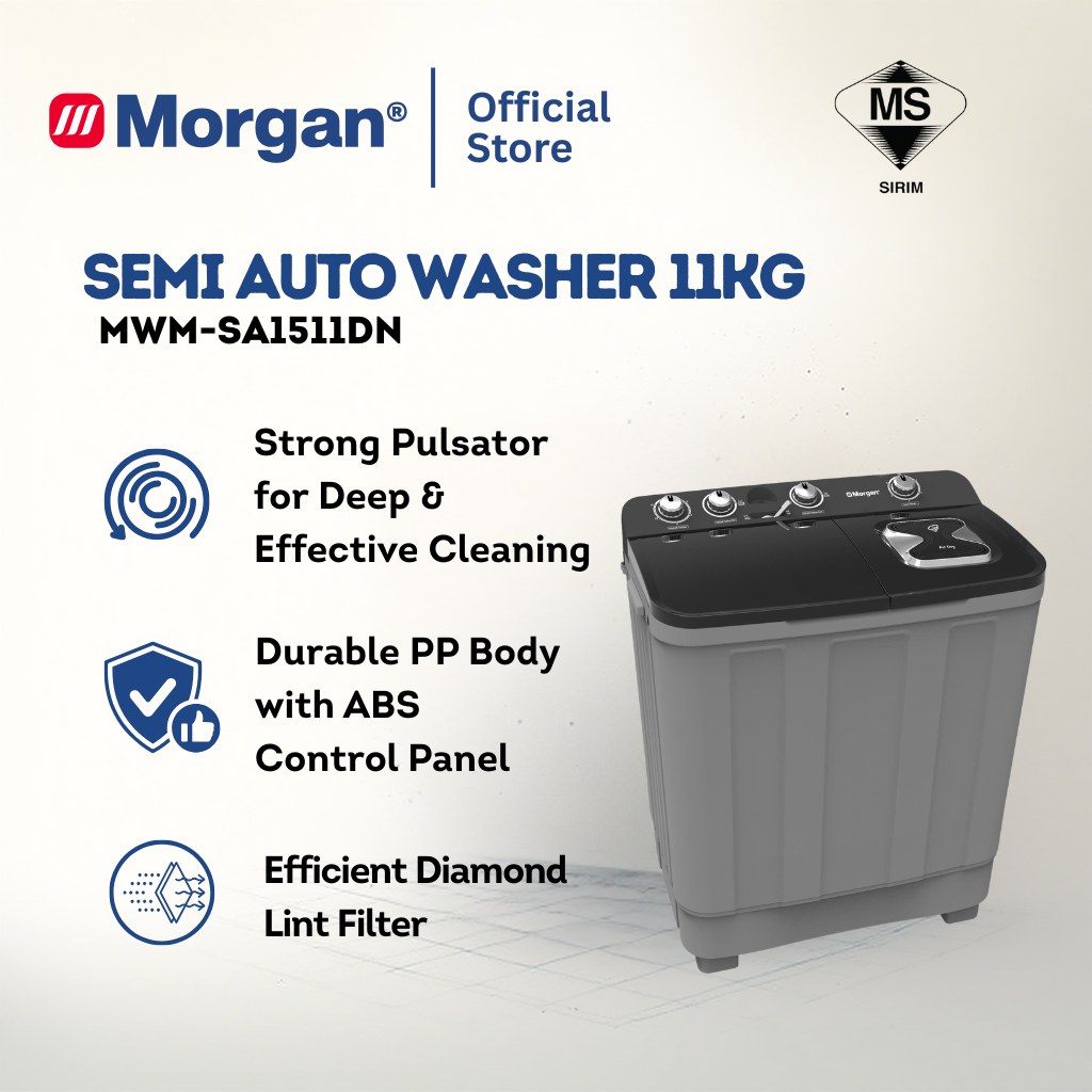 Morgan MWM-SA1511DN Semi Auto Washing Machine 11kg | Washer | Mesin Basuh