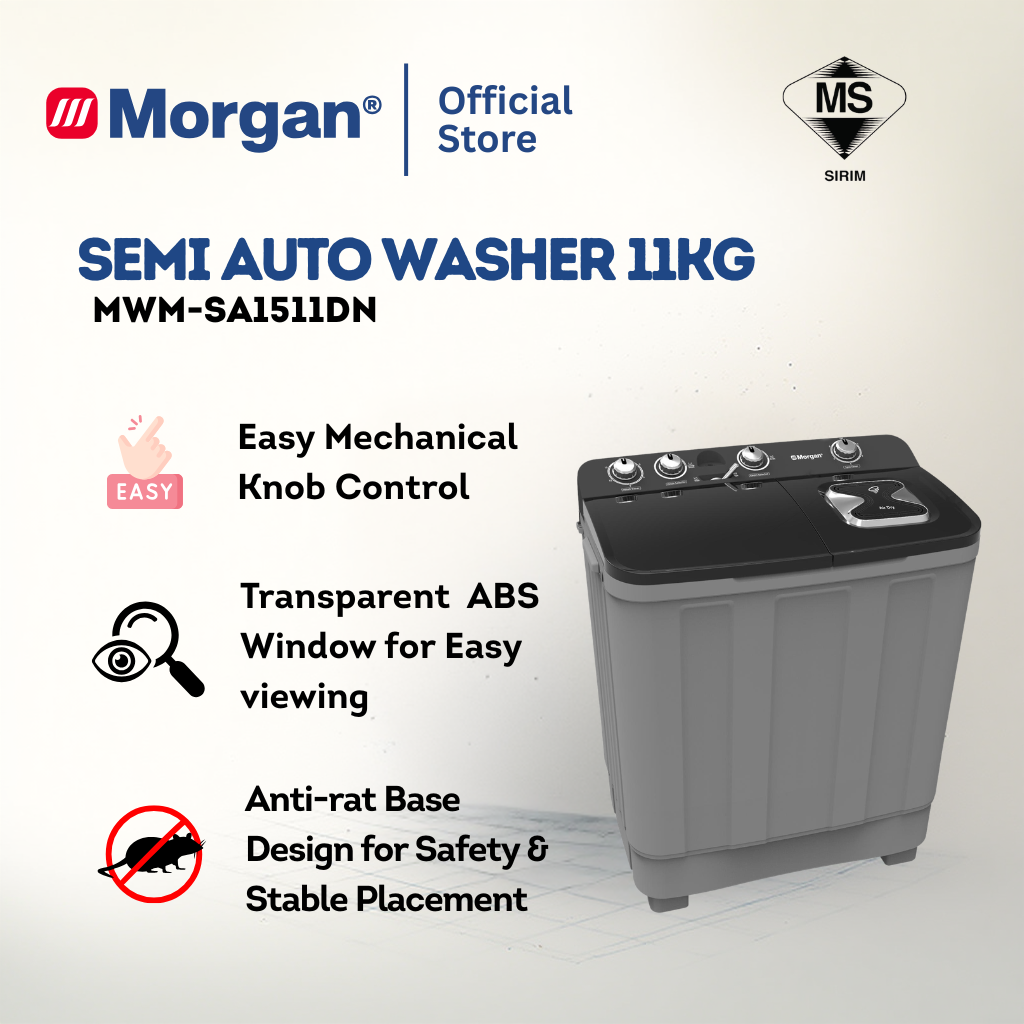 Morgan MWM-SA1511DN Semi Auto Washing Machine 11kg | Washer | Mesin Basuh