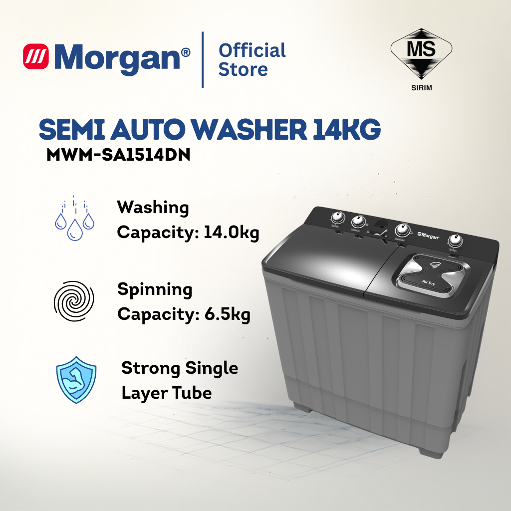 Morgan MWM-SA1514DN Semi Auto Washing Machine 14kg | Washer | Mesin Basuh