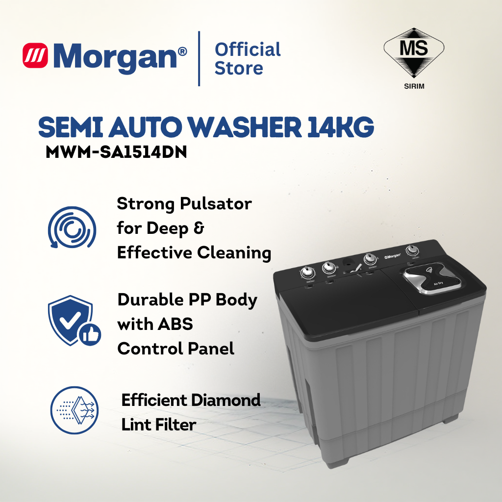 Morgan MWM-SA1514DN Semi Auto Washing Machine 14kg | Washer | Mesin Basuh