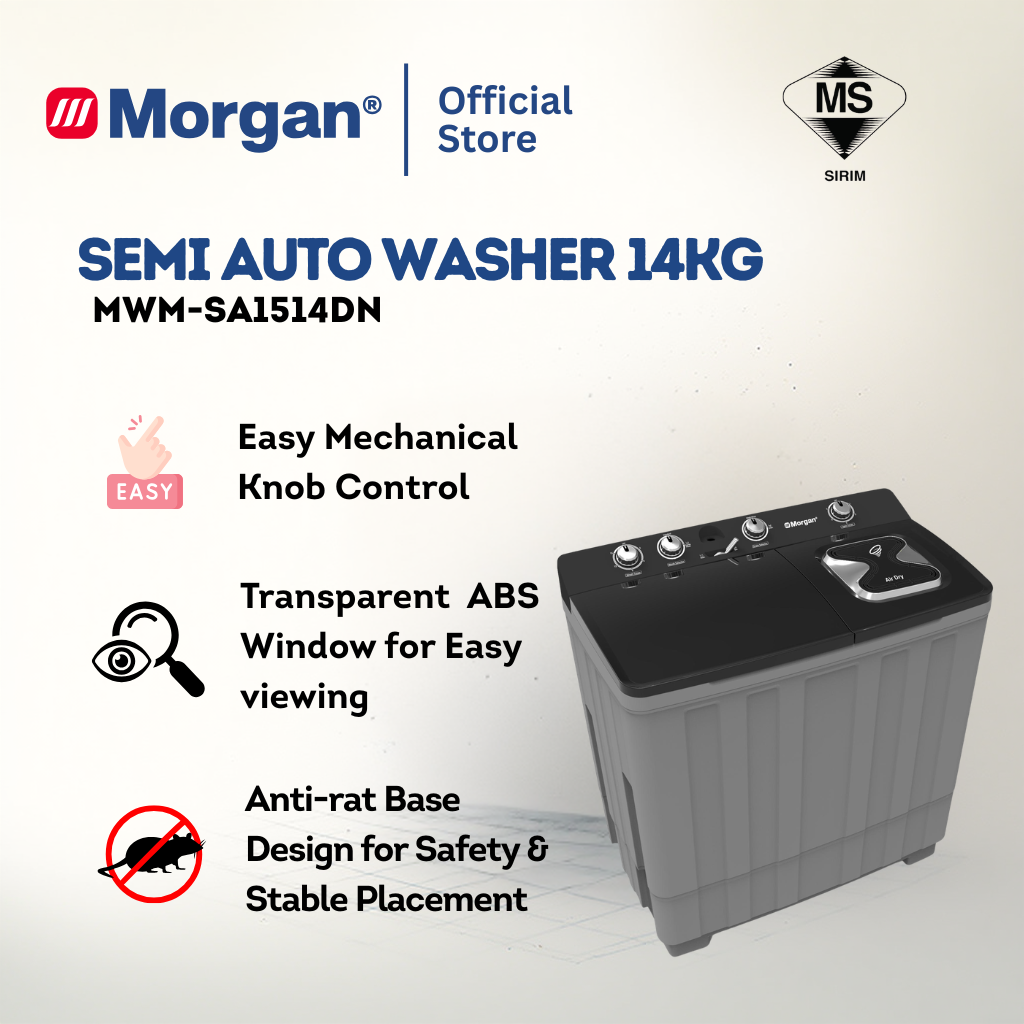 Morgan MWM-SA1514DN Semi Auto Washing Machine 14kg | Washer | Mesin Basuh