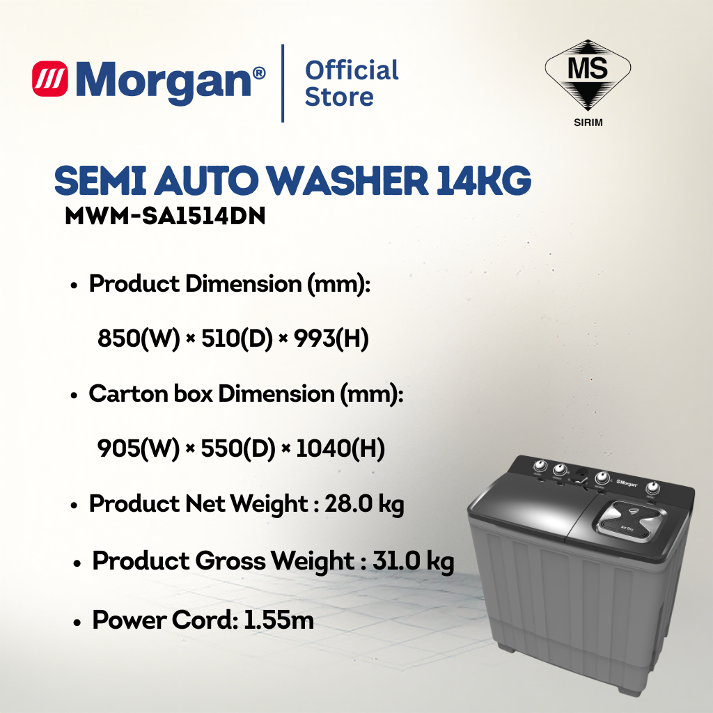 Morgan MWM-SA1514DN Semi Auto Washing Machine 14kg | Washer | Mesin Basuh