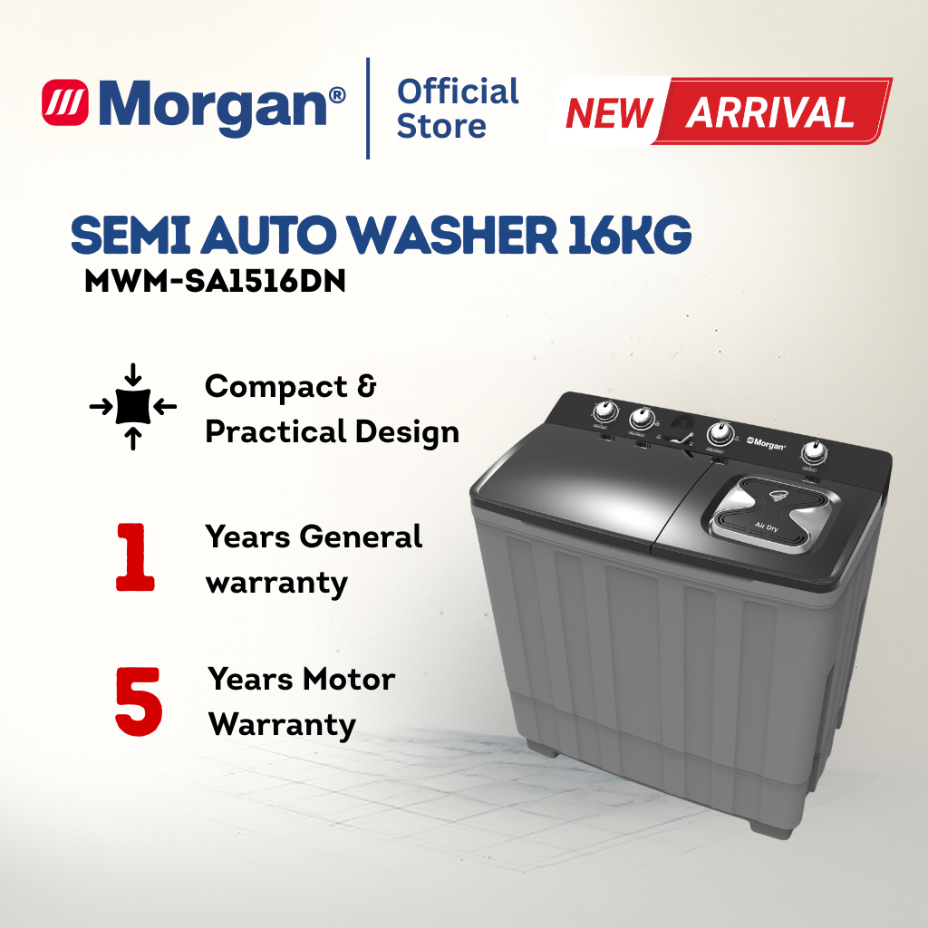 Morgan MWM-SA1516DN Semi Auto Washing Machine 16kg | Washer | Mesin Basuh
