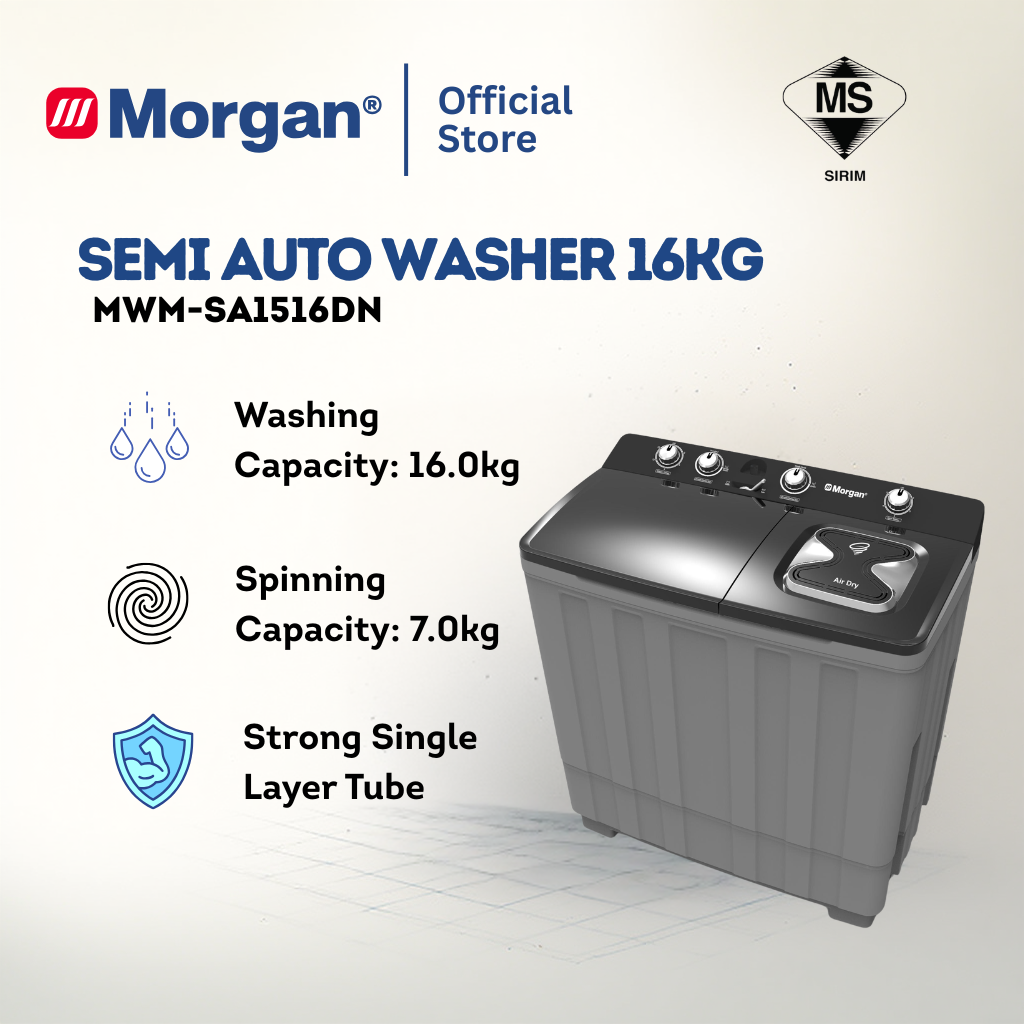 Morgan MWM-SA1516DN Semi Auto Washing Machine 16kg | Washer | Mesin Basuh