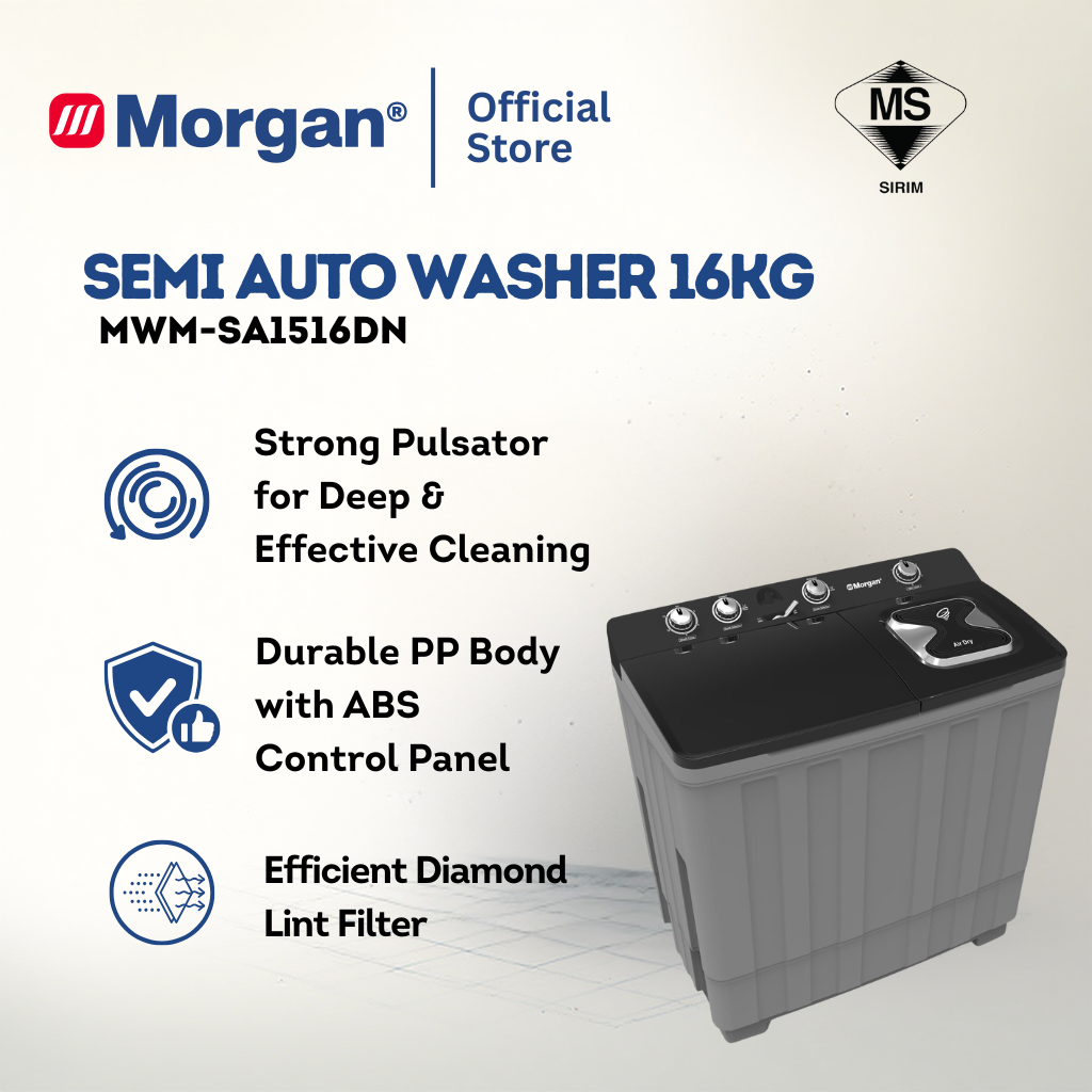Morgan MWM-SA1516DN Semi Auto Washing Machine 16kg | Washer | Mesin Basuh