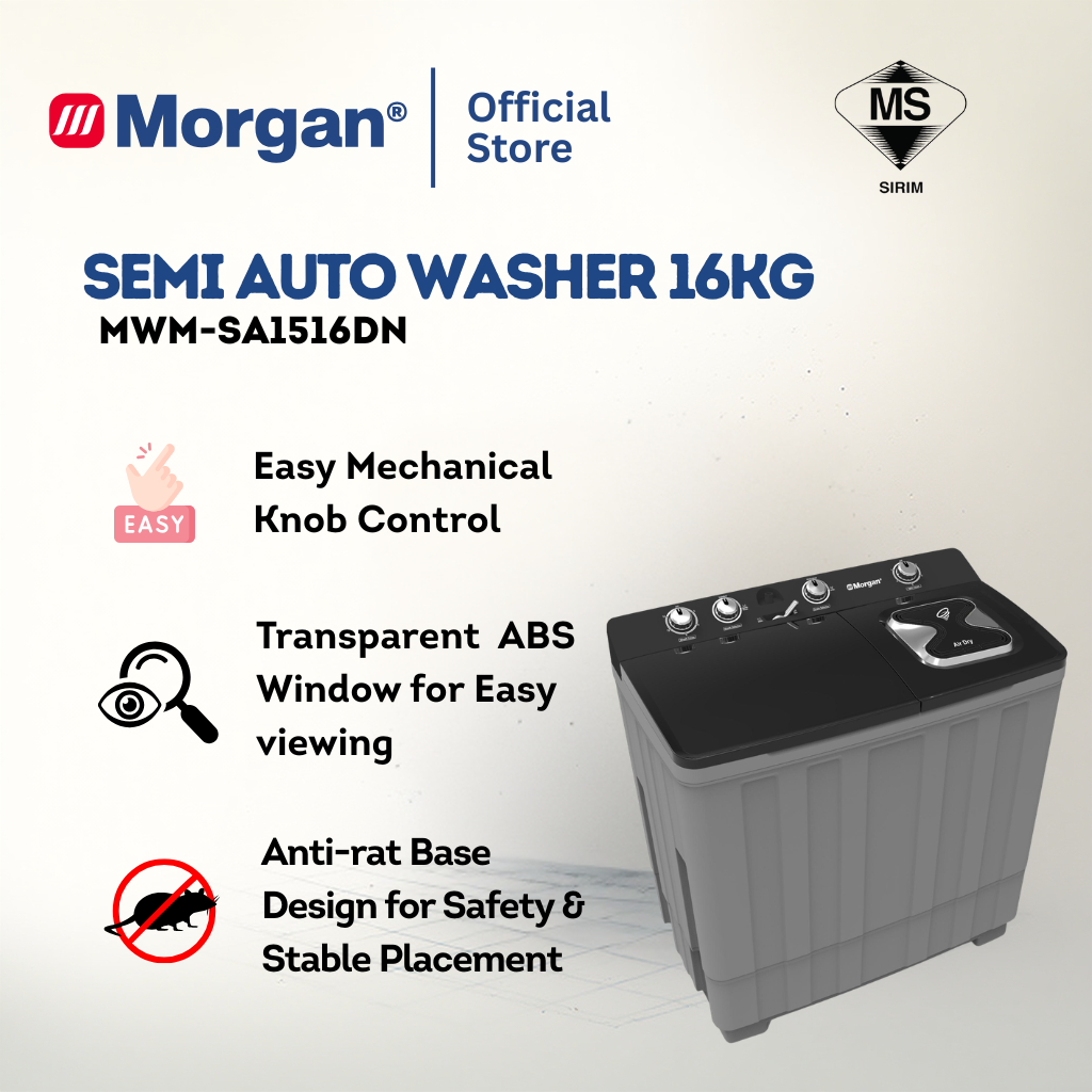 Morgan MWM-SA1516DN Semi Auto Washing Machine 16kg | Washer | Mesin Basuh