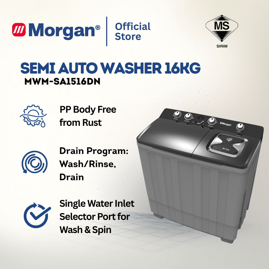 Morgan MWM-SA1516DN Semi Auto Washing Machine 16kg | Washer | Mesin Basuh