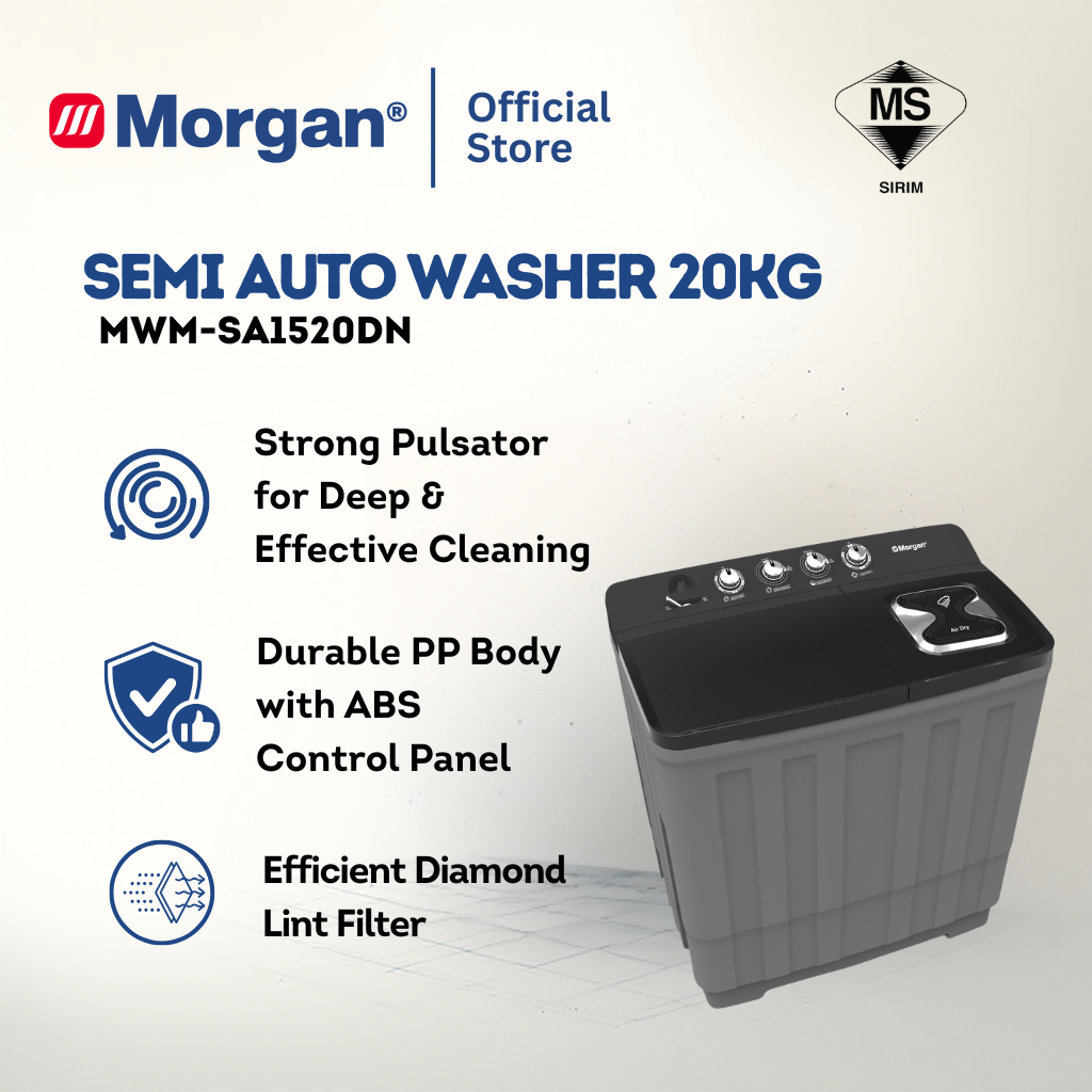Morgan MWM-SA1520DN Semi Auto Washing Machine 20kg | Washer | Mesin Basuh