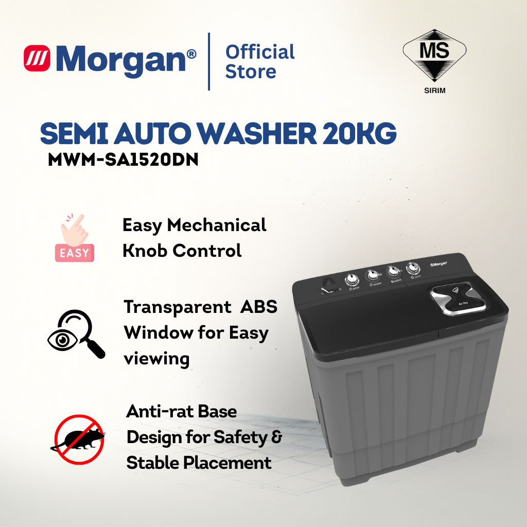 Morgan MWM-SA1520DN Semi Auto Washing Machine 20kg | Washer | Mesin Basuh