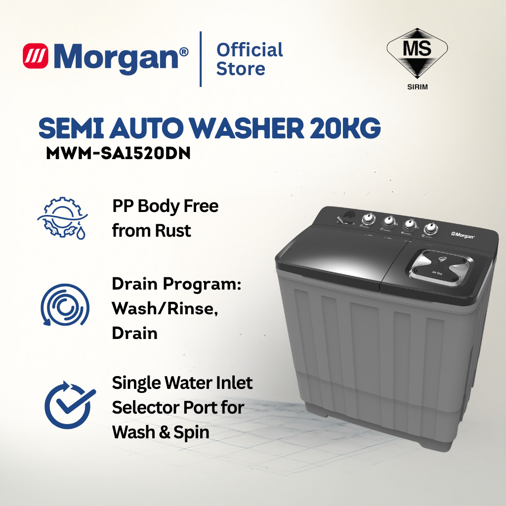 Morgan MWM-SA1520DN Semi Auto Washing Machine 20kg | Washer | Mesin Basuh