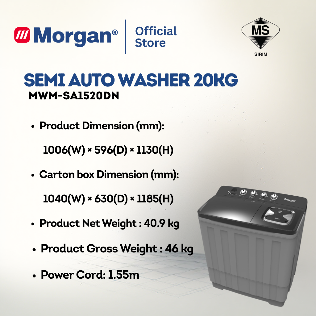 Morgan MWM-SA1520DN Semi Auto Washing Machine 20kg | Washer | Mesin Basuh