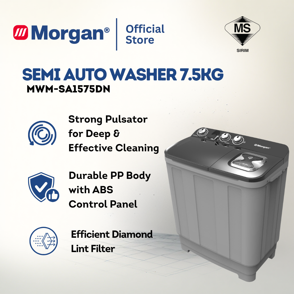 Morgan MWM-SA1575DN Semi Auto Washing Machine 7kg | Washer | Mesin Basuh