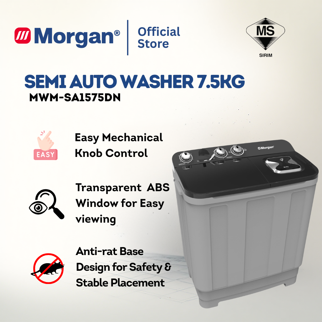 Morgan MWM-SA1575DN Semi Auto Washing Machine 7kg | Washer | Mesin Basuh