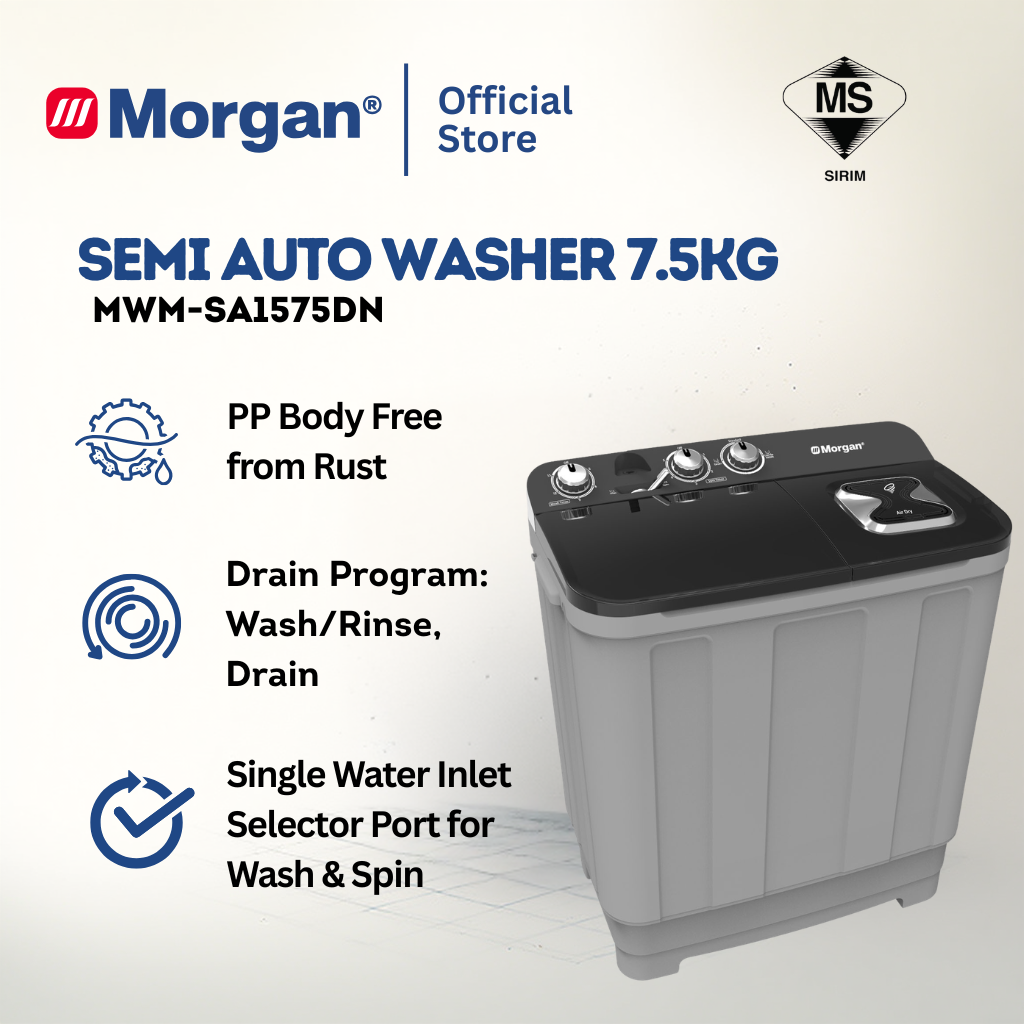 Morgan MWM-SA1575DN Semi Auto Washing Machine 7kg | Washer | Mesin Basuh