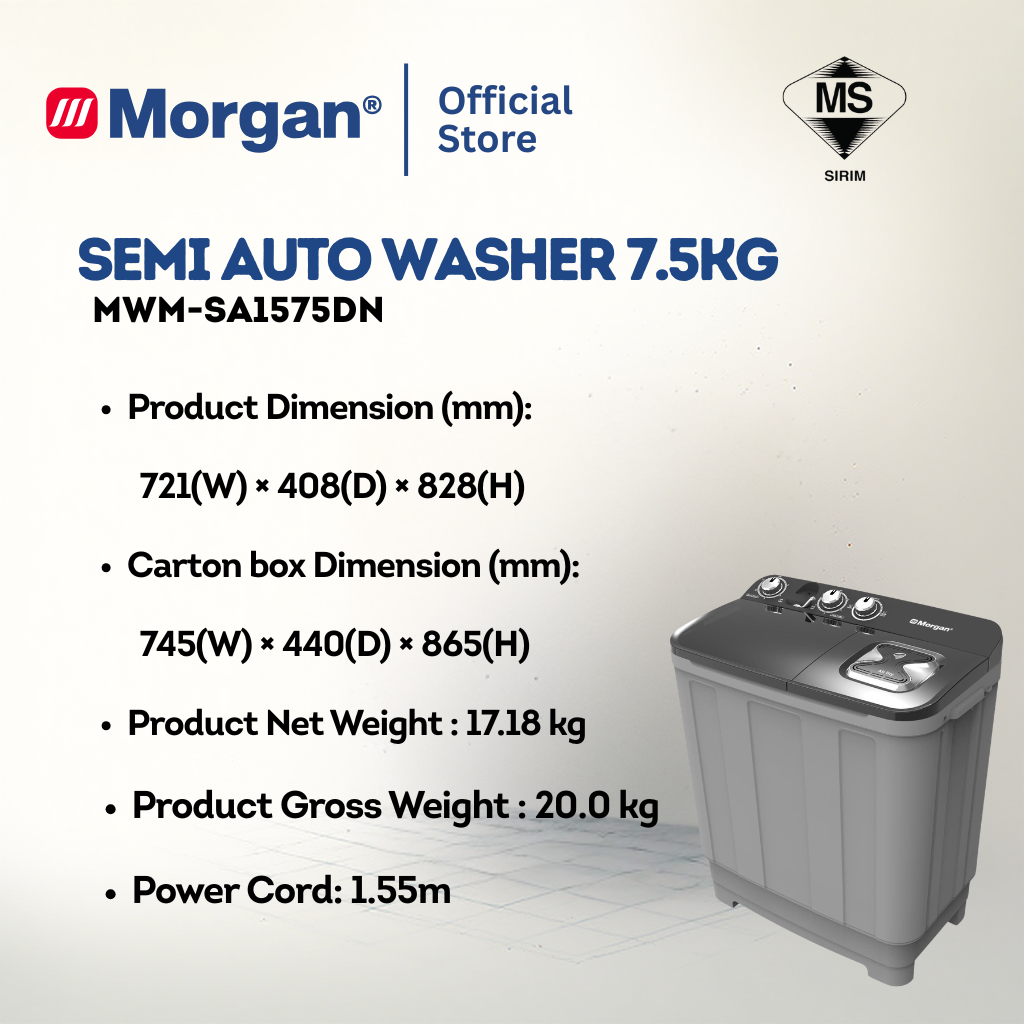 Morgan MWM-SA1575DN Semi Auto Washing Machine 7kg | Washer | Mesin Basuh