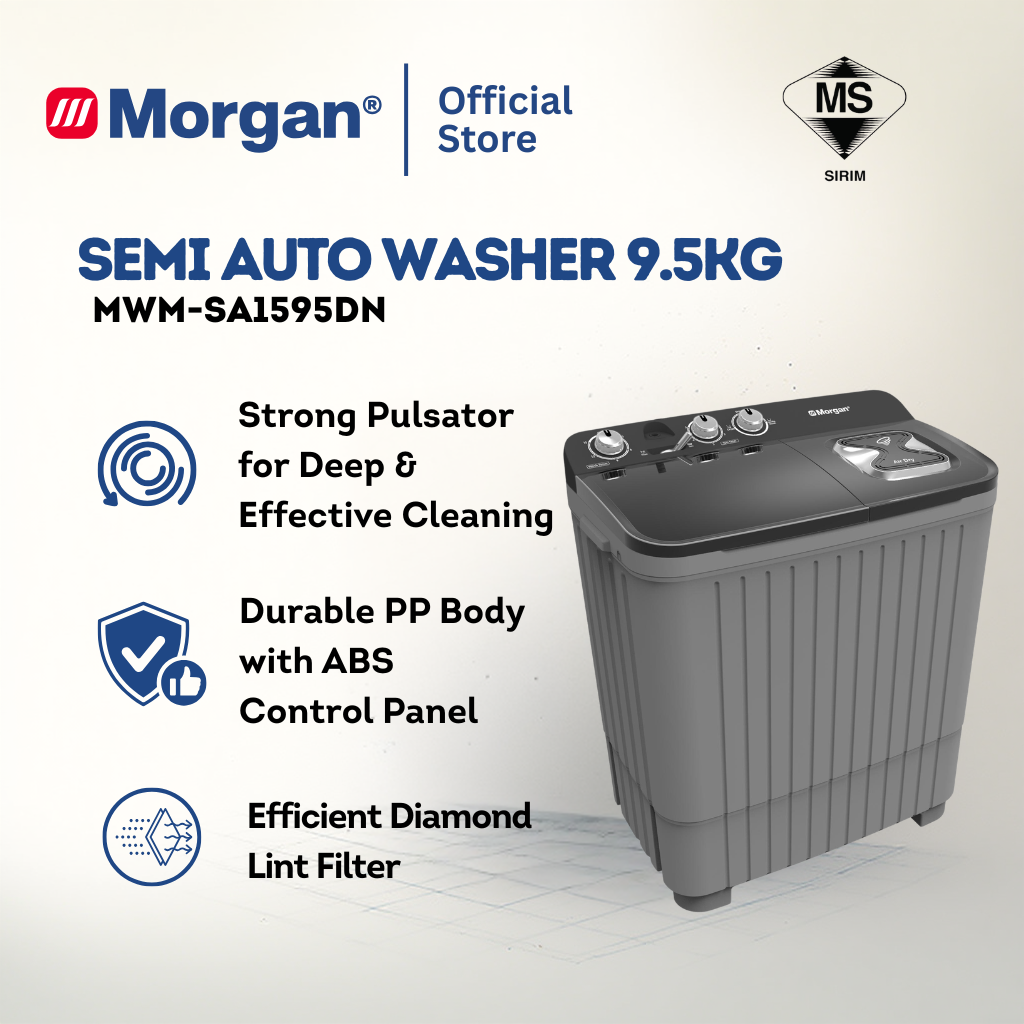 Morgan MWM-SA1595DN Semi Auto Washing Machine 9.5kg | Washer | Mesin Basuh