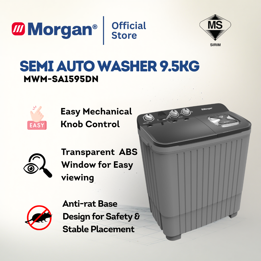 Morgan MWM-SA1595DN Semi Auto Washing Machine 9.5kg | Washer | Mesin Basuh