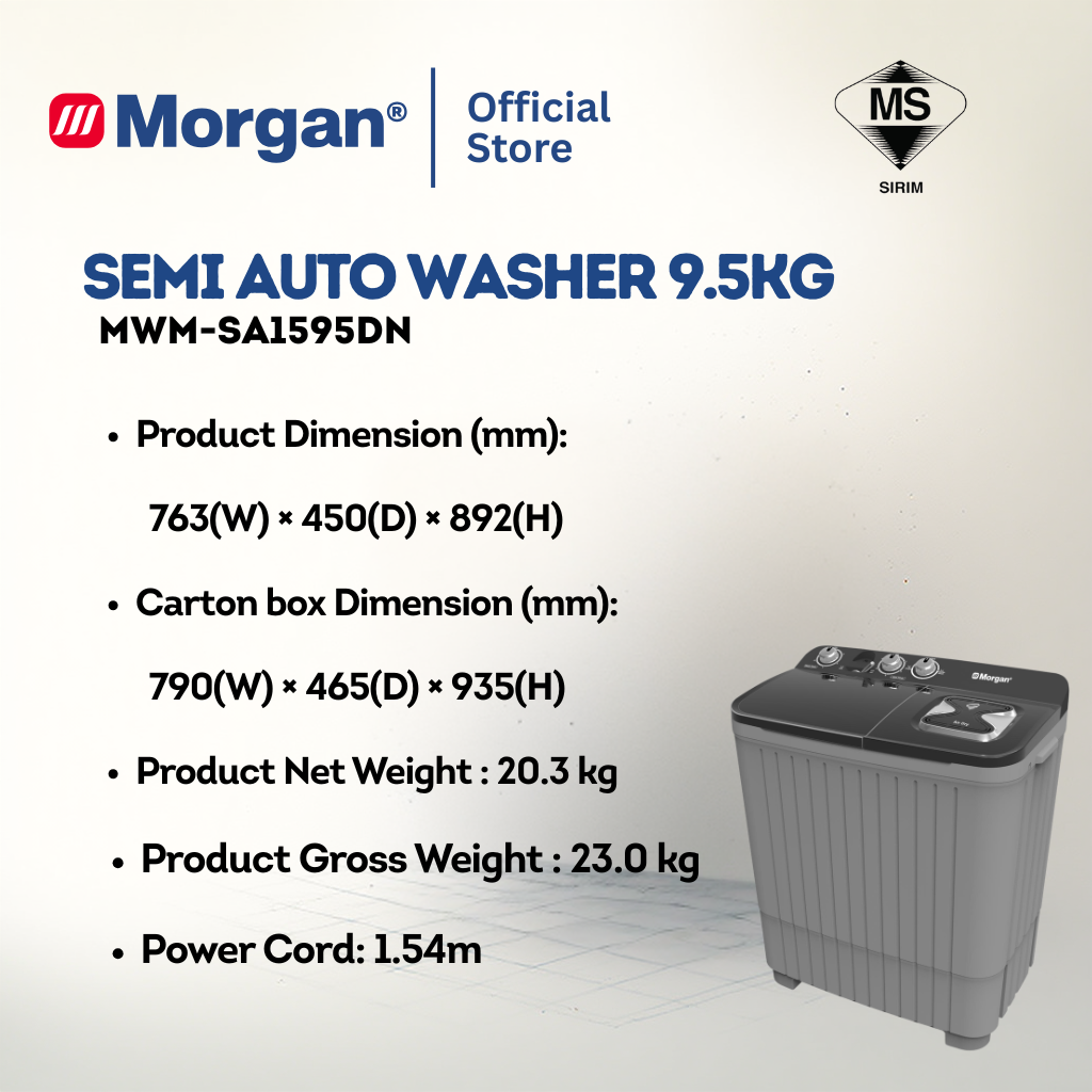 Morgan MWM-SA1595DN Semi Auto Washing Machine 9.5kg | Washer | Mesin Basuh