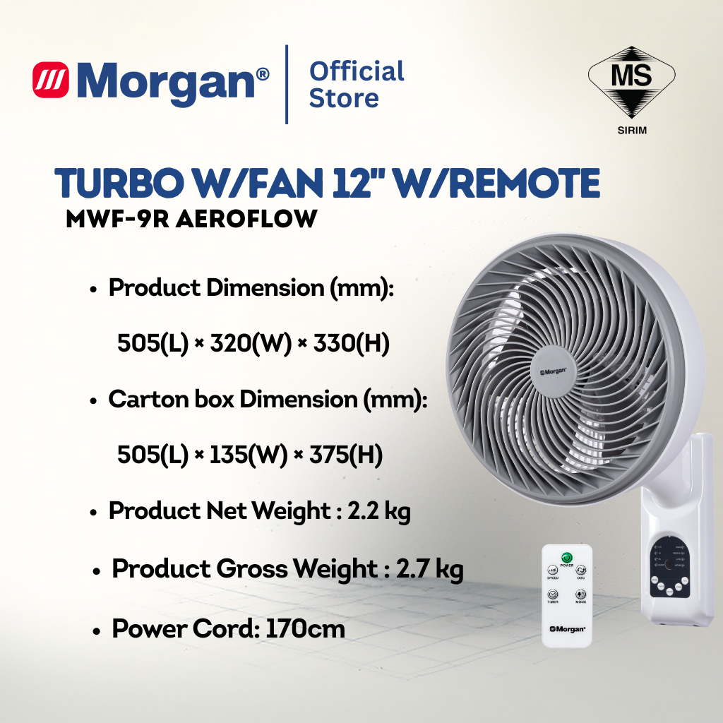 Morgan Turbo Circulation Wall Fan 12" with Remote MWF-9R AEROFLOW | NEW ARRIVAL
