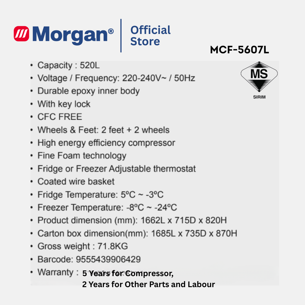 Morgan Chest Freezer Deep And Quick Freezing (520L) MCF-5607L