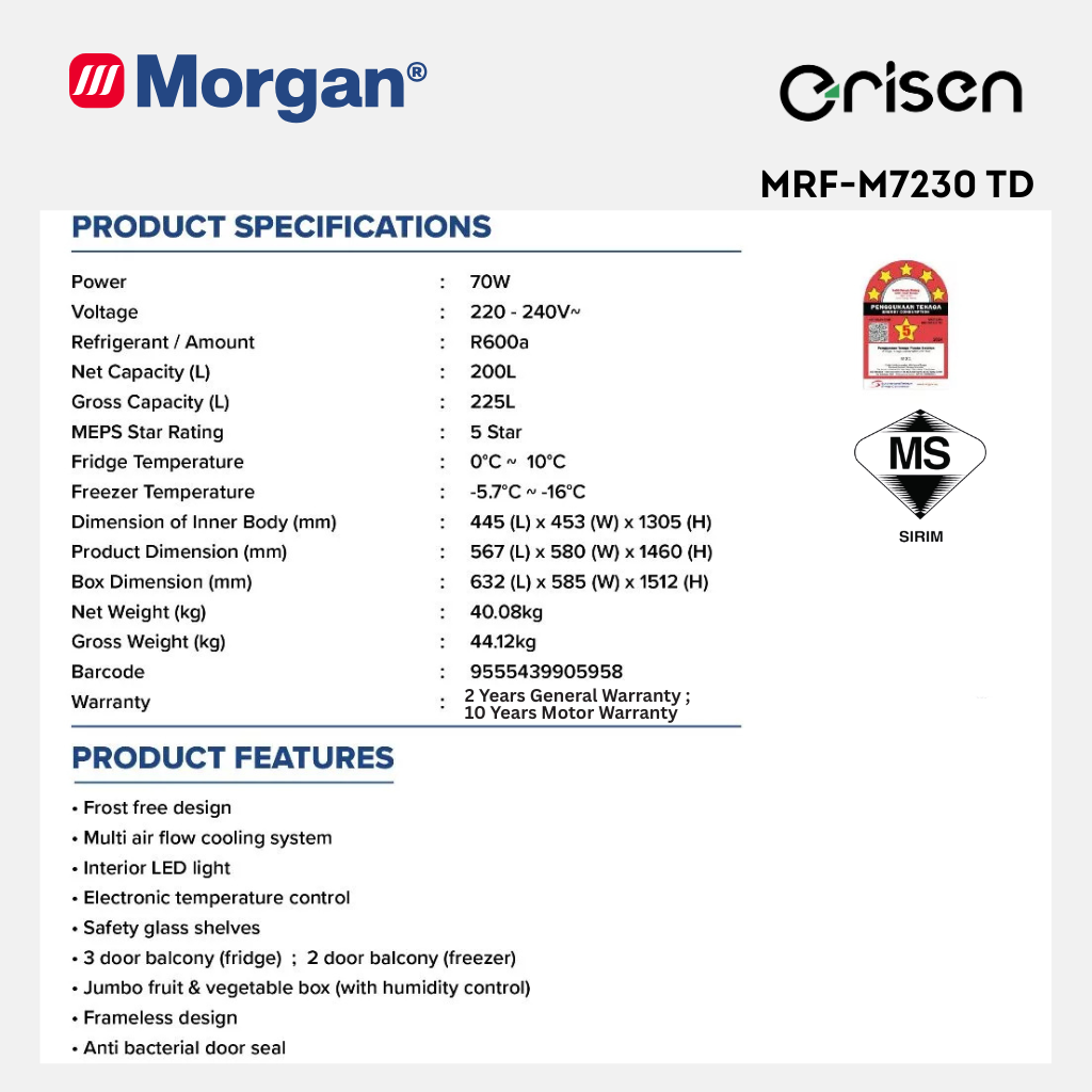 Morgan Two Door Refrigerator (225L) MRF-M7230 TD