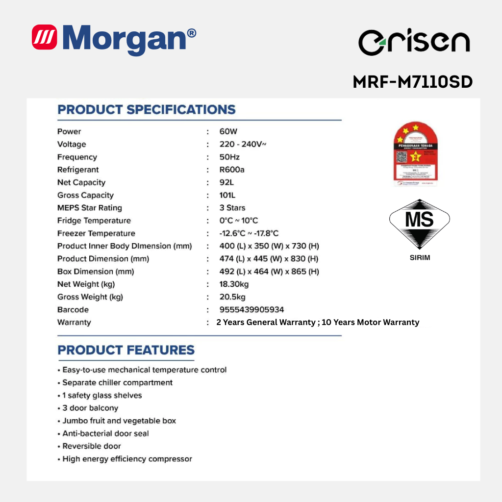 Morgan Single Door Refrigerator (101L) MRF-M7110SD