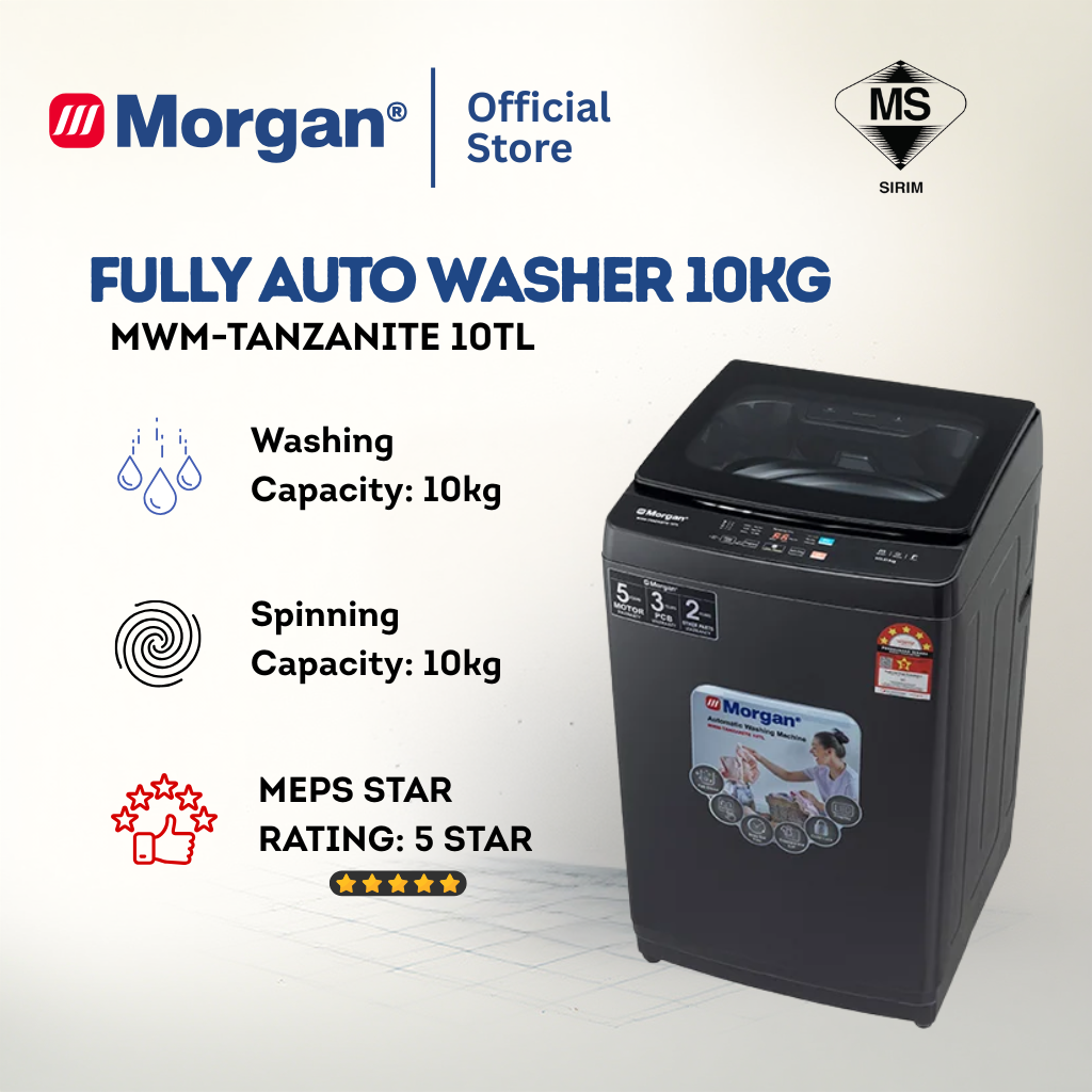 Morgan Fully Auto Washing Machine (10kg) MWM-TANZANITE 10TL | 5 STAR