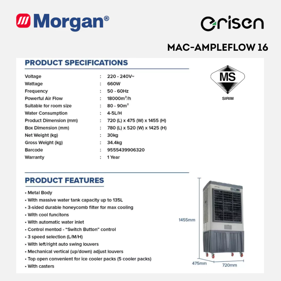 Morgan 3-Speed Portable Commercial Air Coller with Automatic Water Inlet MAC-AMPLEFLOW 16