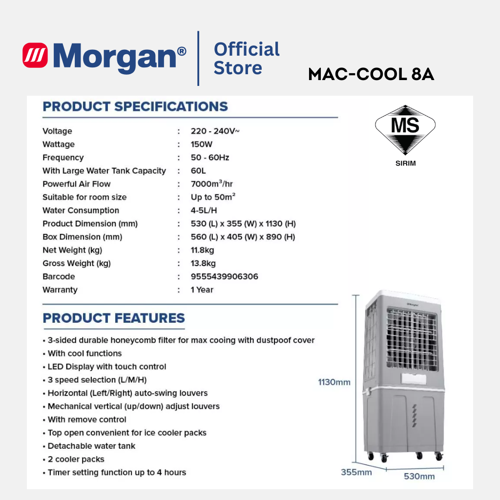 Morgan 3-Speed Portable Air Cooler with Timer Setting Function MAC-COOL 8A