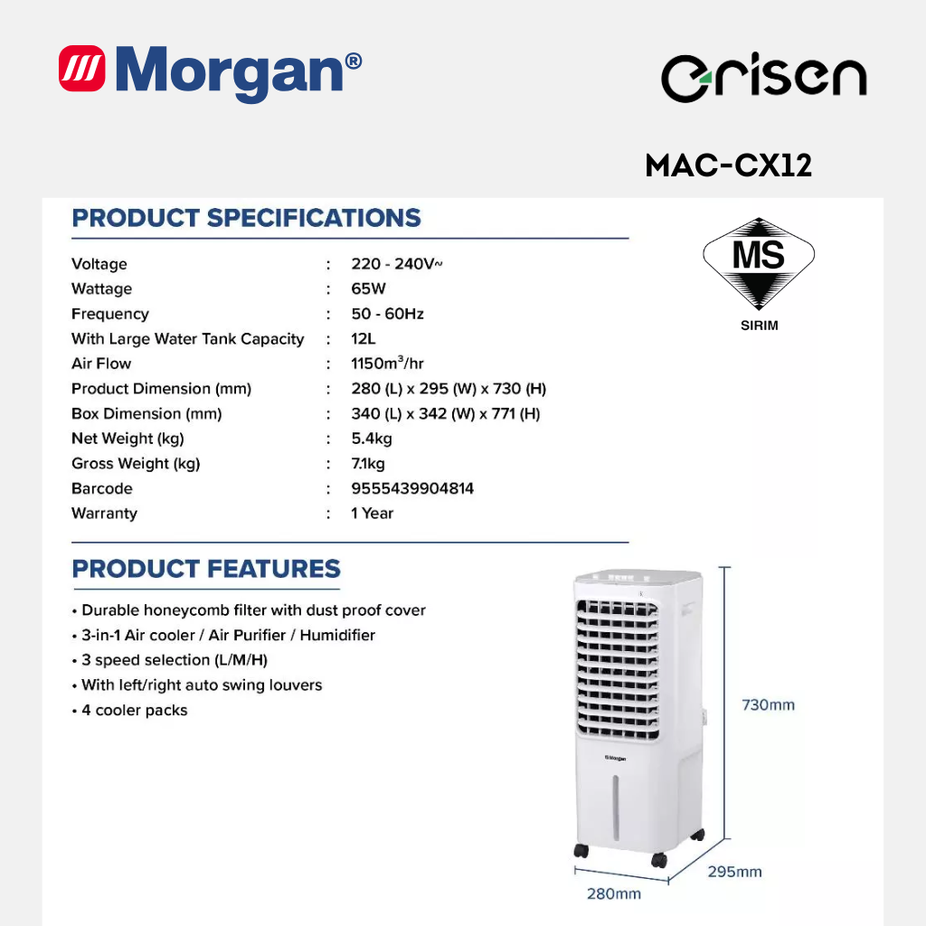 Morgan Portable Air Cooler 1150m3/hr (12L) MAC-CX12