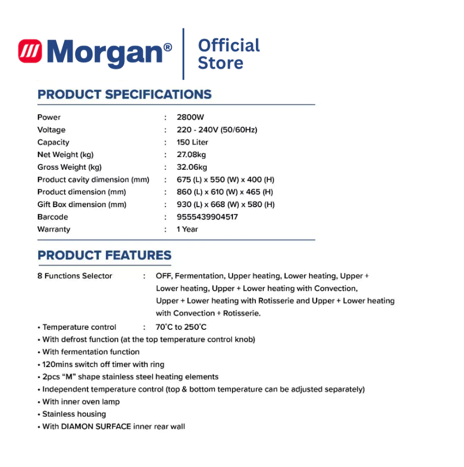 Morgan Multifunctional Electric Oven with Independent Temp Control Function (150L) MEO-GLAMO 150RCSS